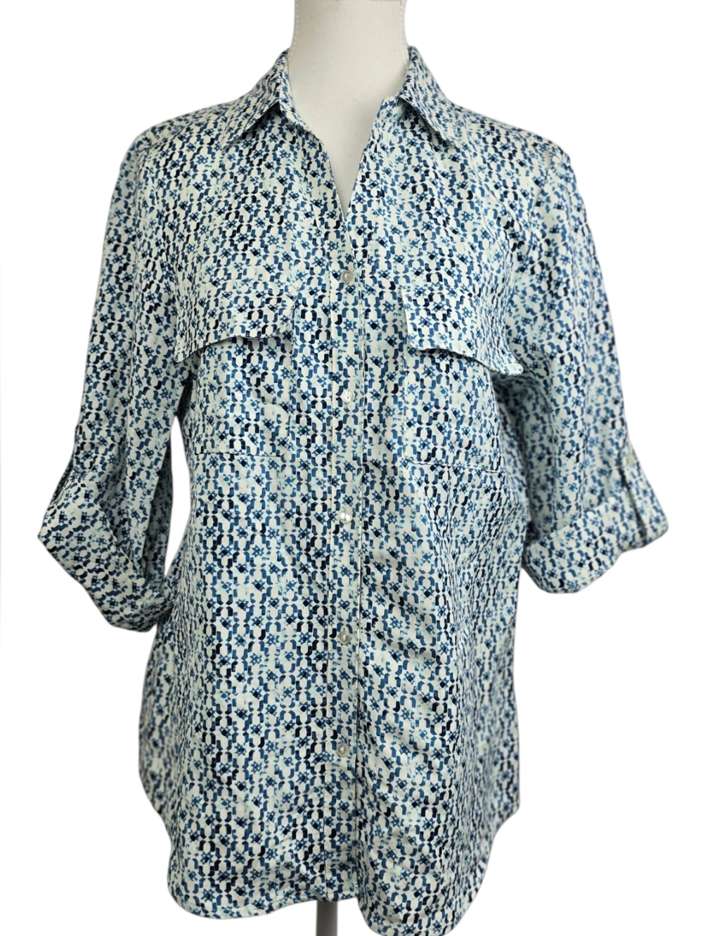 Darjoni Geometric Print Linen Blend Button-Up Blouse M | Adjustable Sleeve